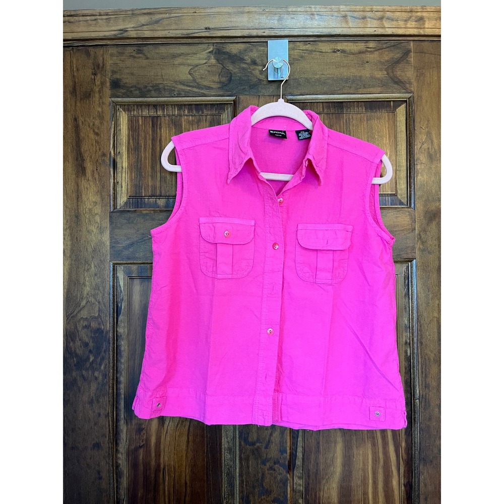 Erika Petite Sleeveless Button Up Shirt Pink Cotton Women Casual‎ Top PM